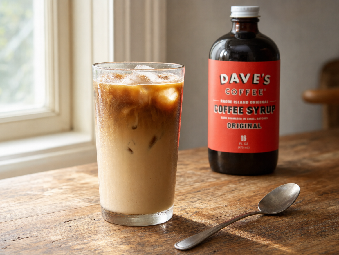 Dunk-a-latte made at home with Dave's Coffee Milk Syrup. No corn syrup. Made in Rhode Island.