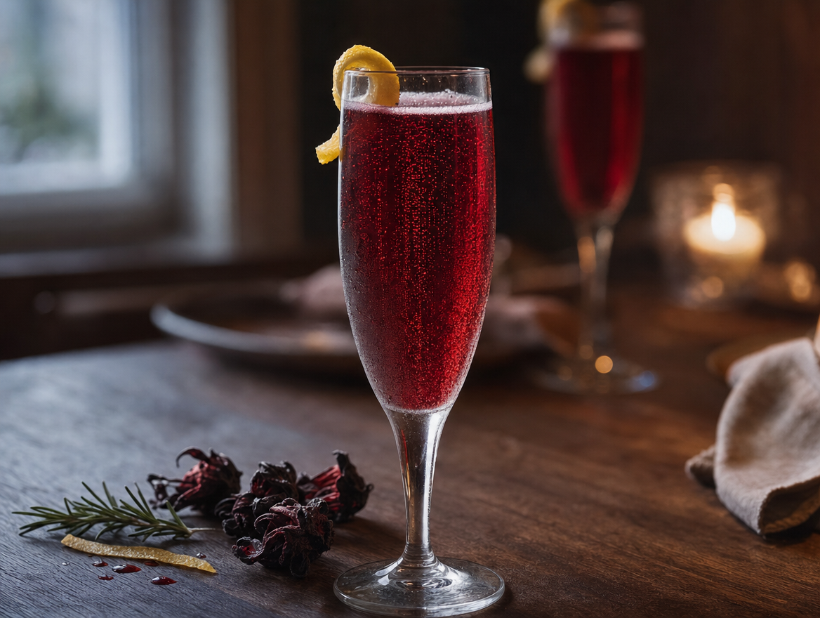 Deep red sparkling hibiscus cocktail in a champagne flute with a lemon twist, dried hibiscus flowers and rosemary on a dark wood table