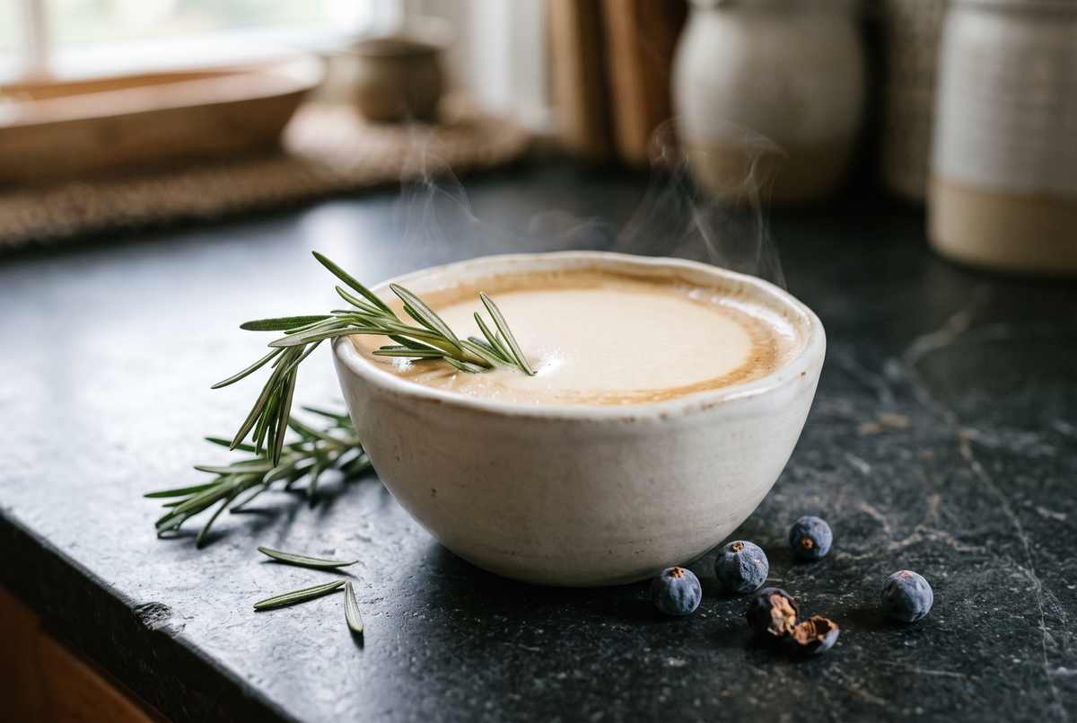 Steaming rosemary latte in a cream stoneware bowl with a fresh rosemary sprig across the rim and juniper berries on a dark stone counter