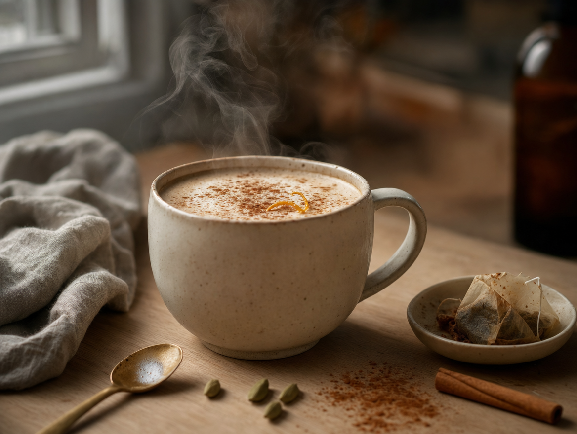 Warm cardamom vanilla chai latte in a mug, dusted with cinnamon