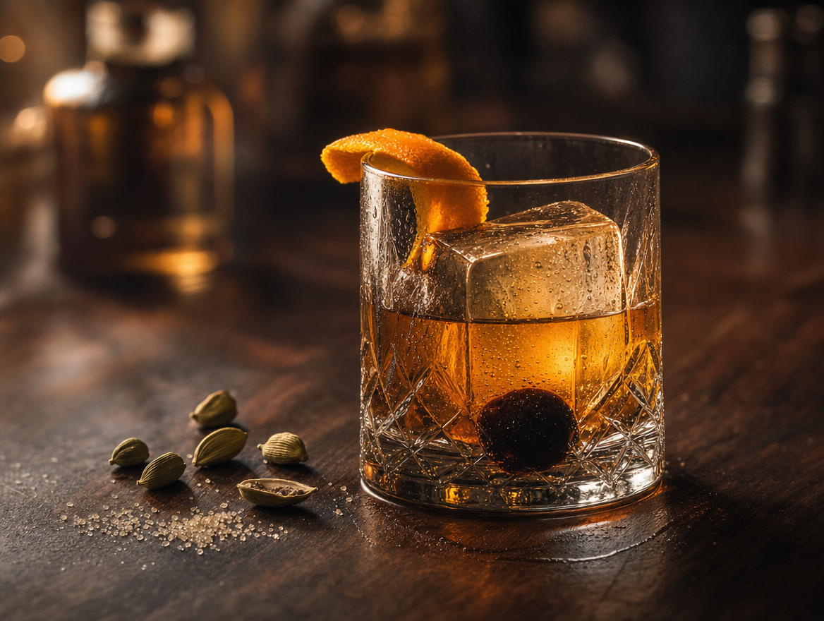 Cardamom vanilla old fashioned in a rocks glass with a large ice cube and a cocktail cherry