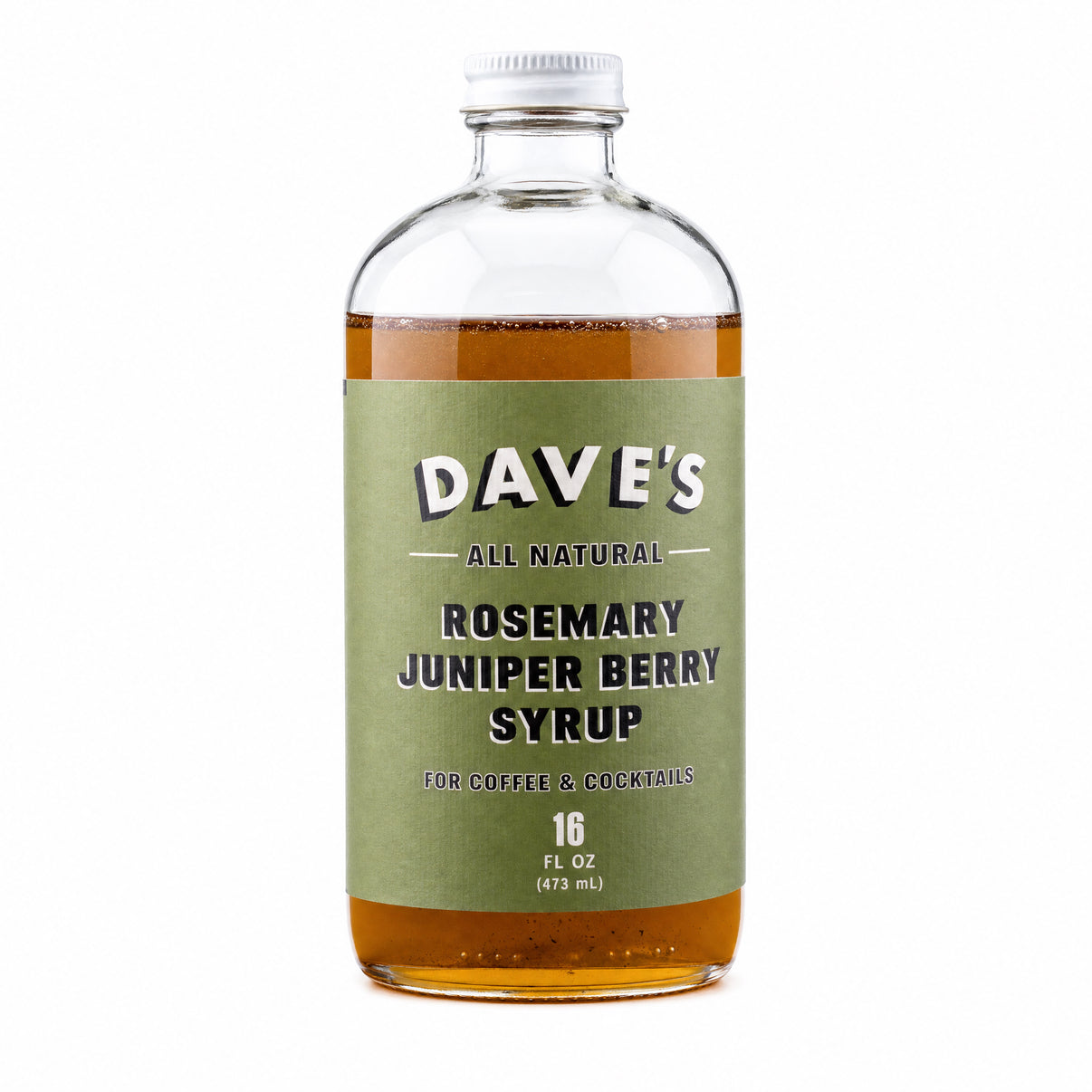 16 oz glass bottle of Dave's Rosemary Juniper Berry Syrup