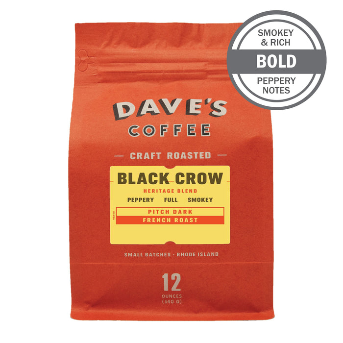 red bag of Dave's Coffee with yellow label that reads Black Crow
